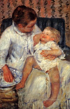 Mother About To Wash Her Sleepy Child mothers children Mary Cassatt Oil Paintings